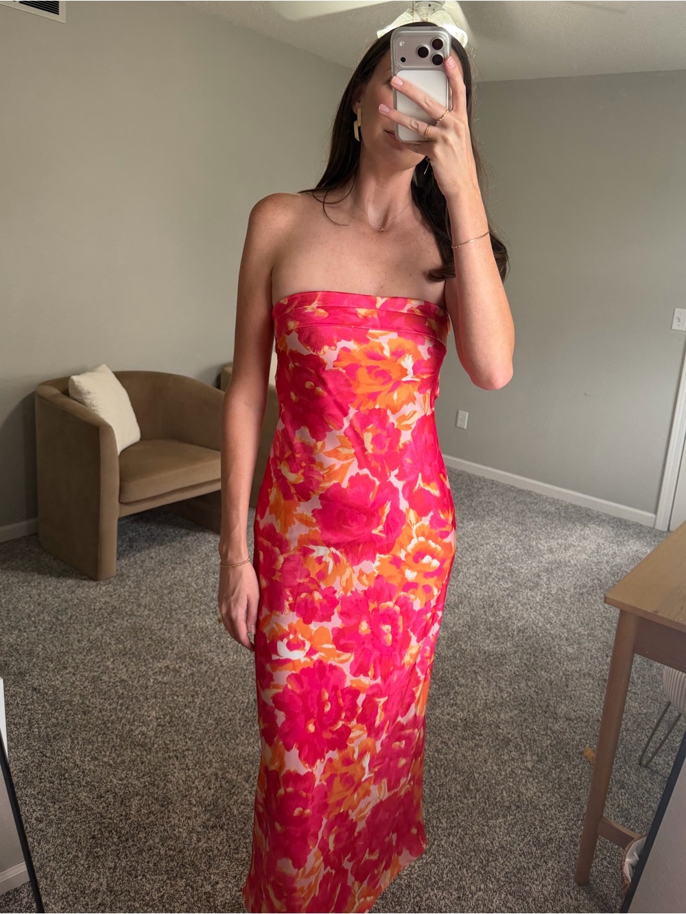 Hello Molly Strapless Fuchsia & Orange Floral Maxi Dress